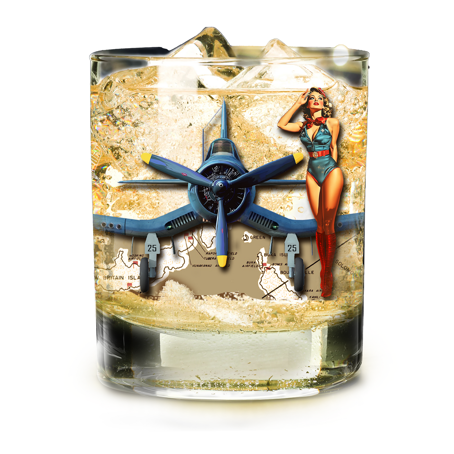 Whiskey Glass, Vintage WWII F4U Corsair Aviation Gift, Bourbon Old Fashion, Man Cave, Military Veteran Pilot Retirement Gift for Him 10oz