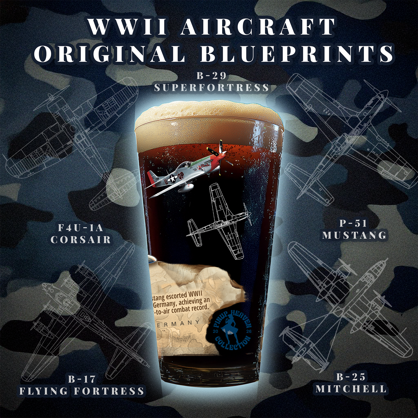 Pin-Up Heaven's America 250th Anniversary Legendary Aircraft 16oz Pint Glass Set - F35, B17, B29, B25, P51, F4U (Set of 6)