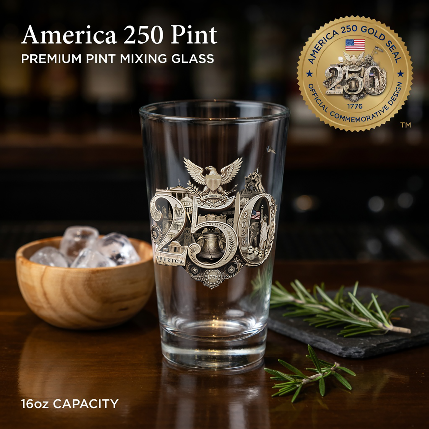 America 250th Pint Glass featuring the 250th Seal™ commemorative design