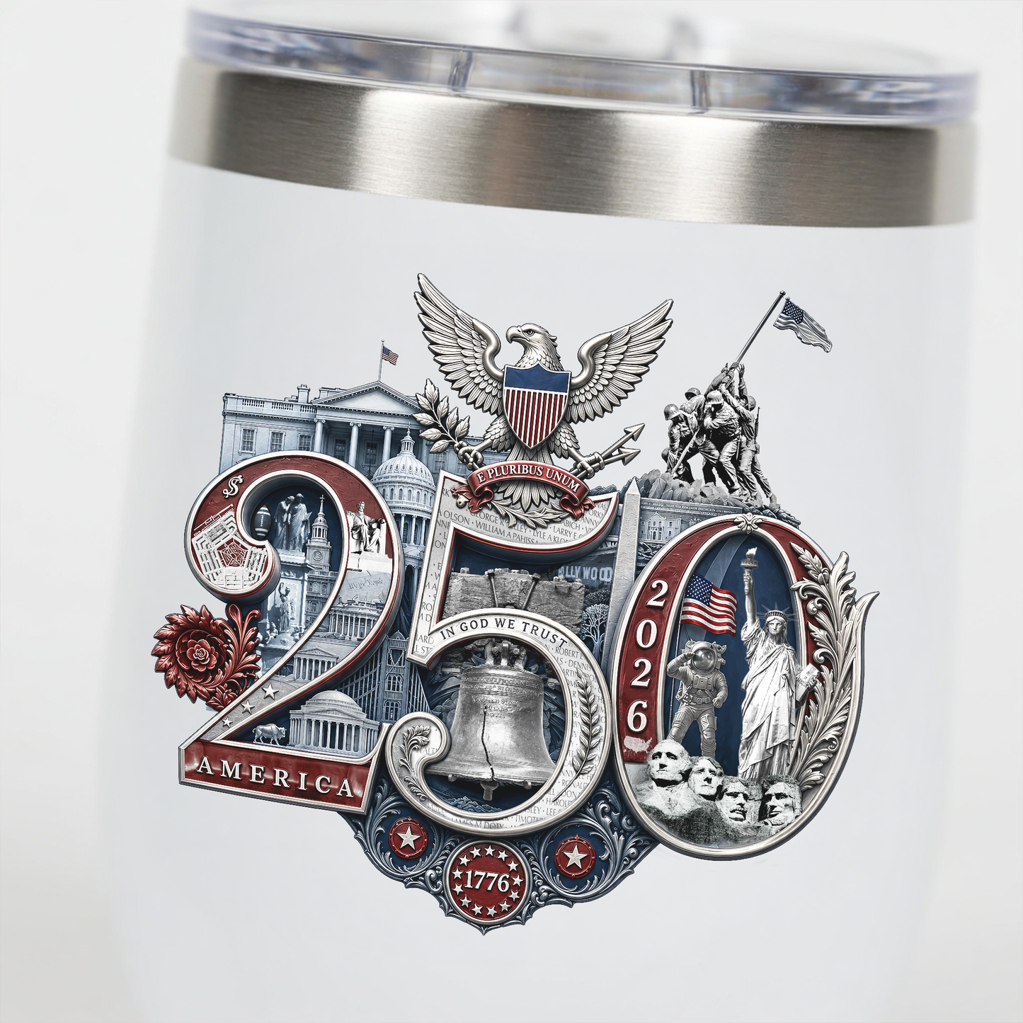 America 250th Anniversary Commemorative Wine Tumbler, 12oz - Insulated w Lid, Limited Edition Hand-Crafted Silver Seal Patriotic Design