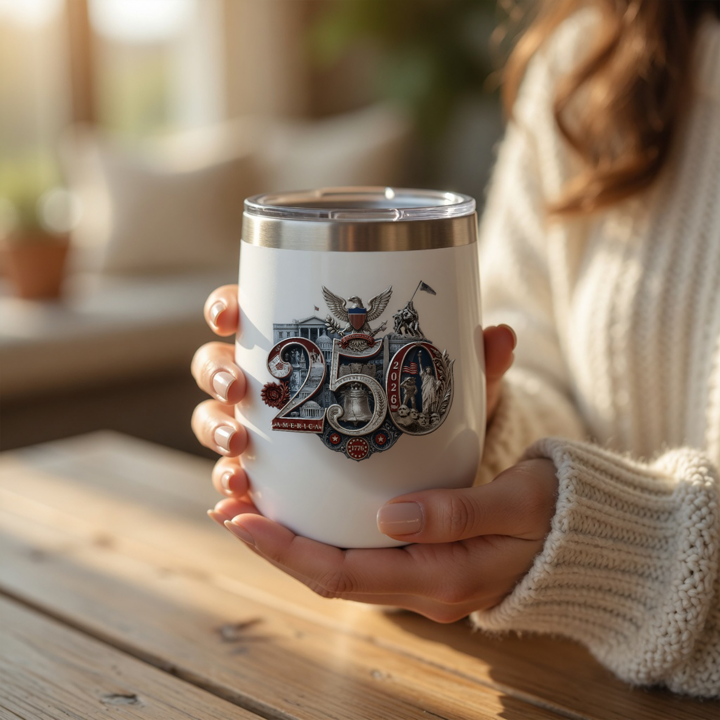 America 250th Anniversary Commemorative Wine Tumbler, 12oz - Insulated w Lid, Limited Edition Hand-Crafted Silver Seal Patriotic Design