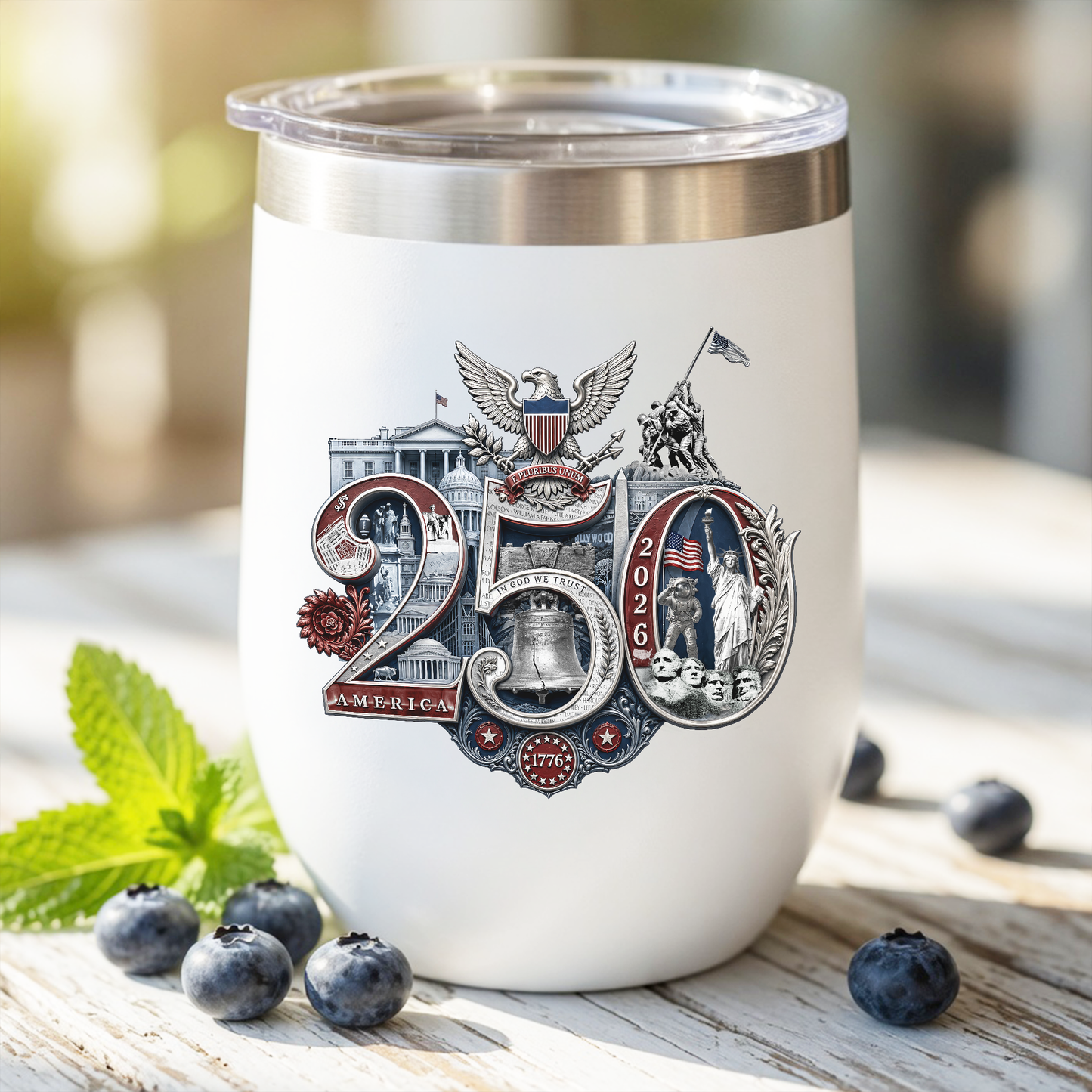 America 250th Anniversary Commemorative Wine Tumbler, 12oz - Insulated w Lid, Limited Edition Hand-Crafted Silver Seal Patriotic Design