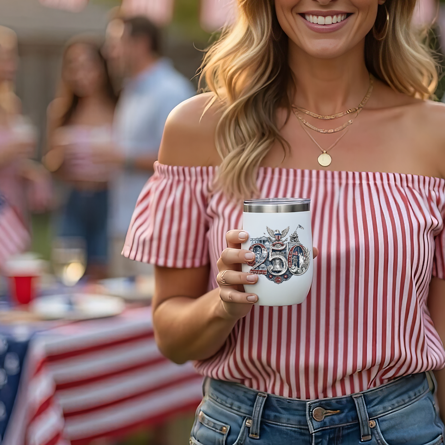 America 250th Anniversary Commemorative Wine Tumbler, 12oz - Insulated w Lid, Limited Edition Hand-Crafted Silver Seal Patriotic Design