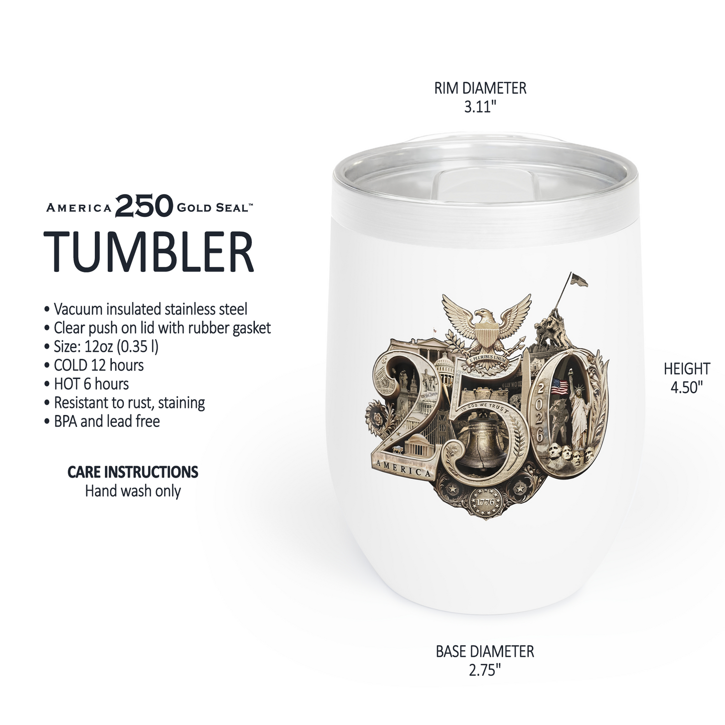 America 250th Tumbler — size chart featuring the 250th Seal™ design