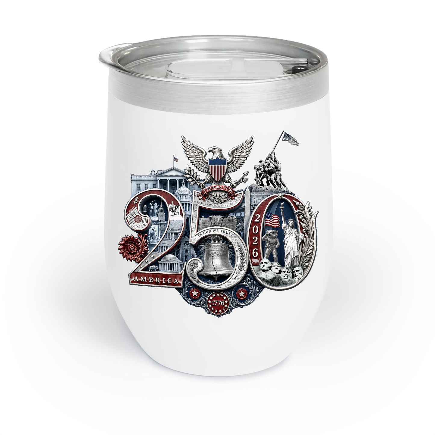 America 250th Anniversary Commemorative Wine Tumbler, 12oz - Insulated w Lid, Limited Edition Hand-Crafted Silver Seal Patriotic Design