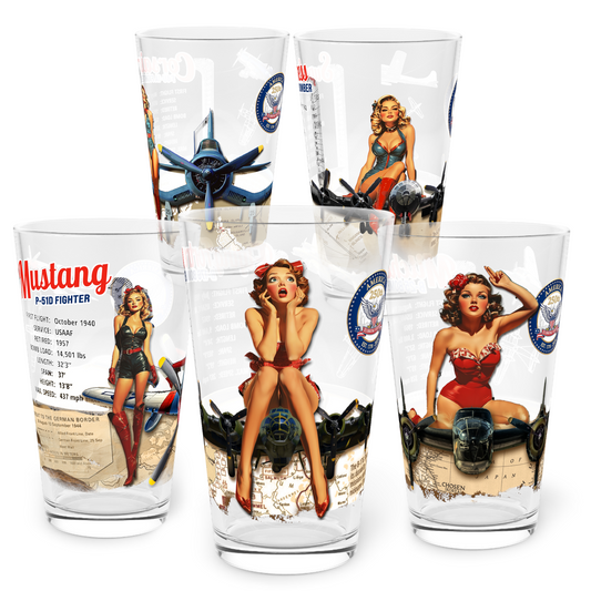 WWII Aircraft America 250th Anniversary 16oz Pint Glass Set - B17, B29, B25, P51, F4U (Set of 5)