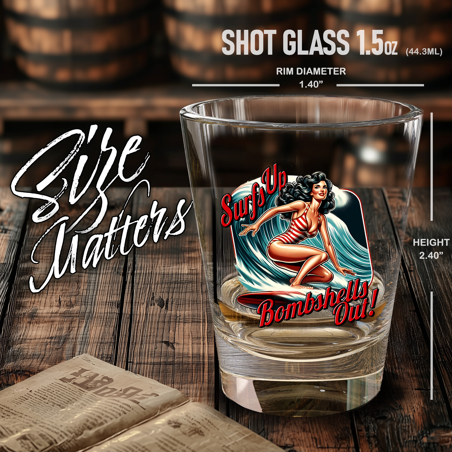 Surfer Shot Glass, Retro Barware, Gift for Surfer Decor, Vintage Surfer PinUp Girl Art, Beach Lovers, Bachelor Party Favors, Fathers Day Gift