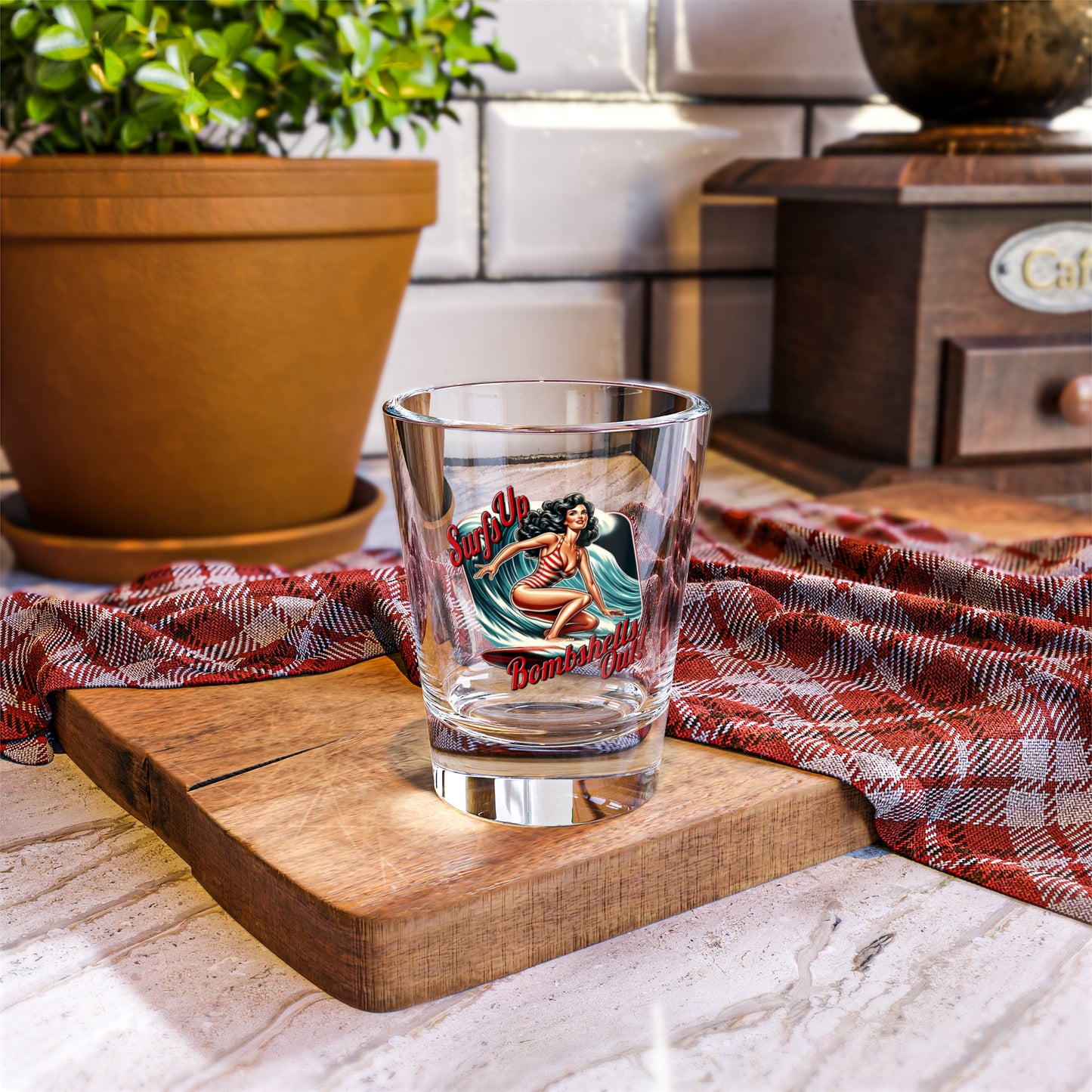 Surfer Shot Glass, Retro Barware, Gift for Surfer Decor, Vintage Surfer PinUp Girl Art, Beach Lovers, Bachelor Party Favors, Fathers Day Gift