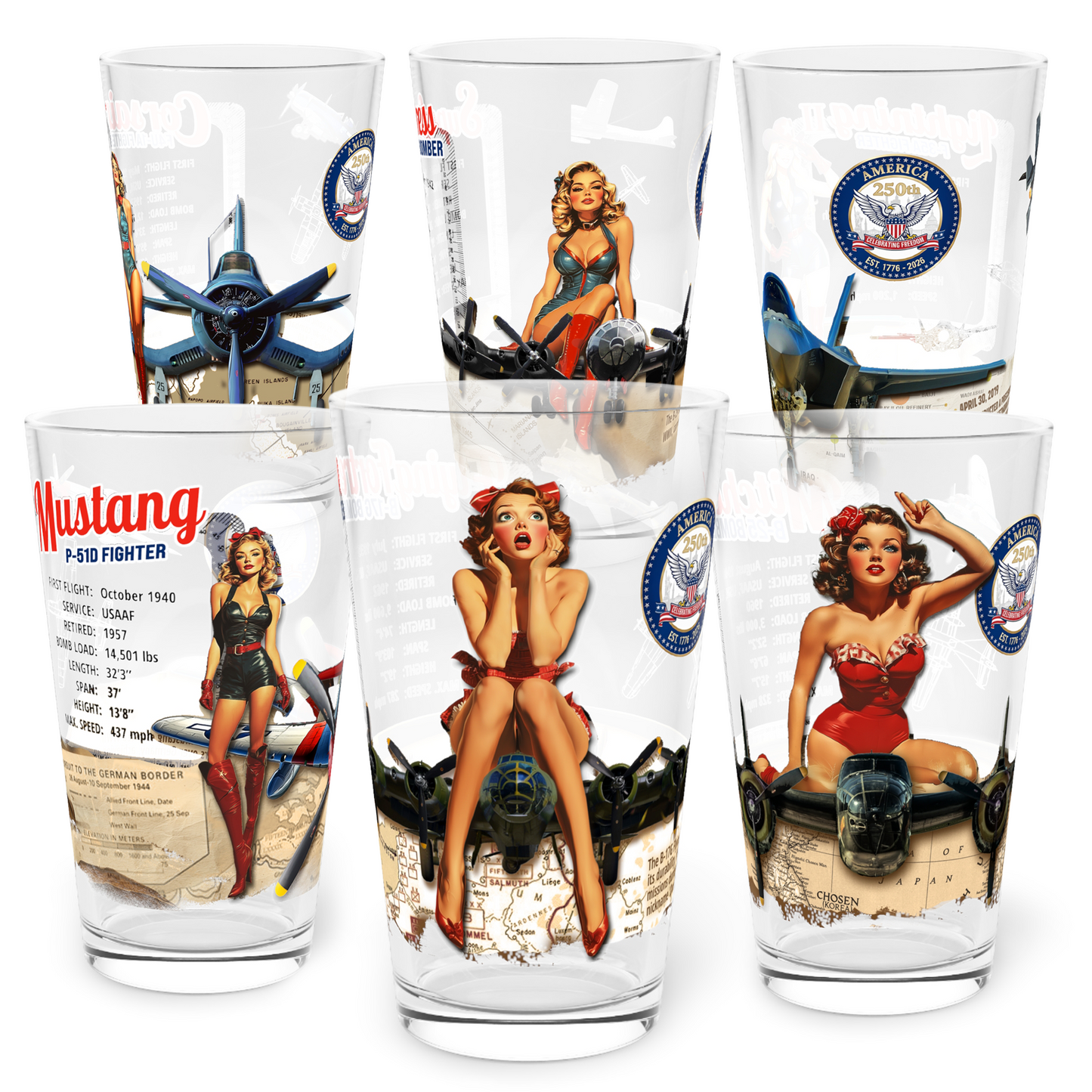 Pin-Up Heaven's America 250th Anniversary Legendary Aircraft 16oz Pint Glass Set - F35, B17, B29, B25, P51, F4U (Set of 6)