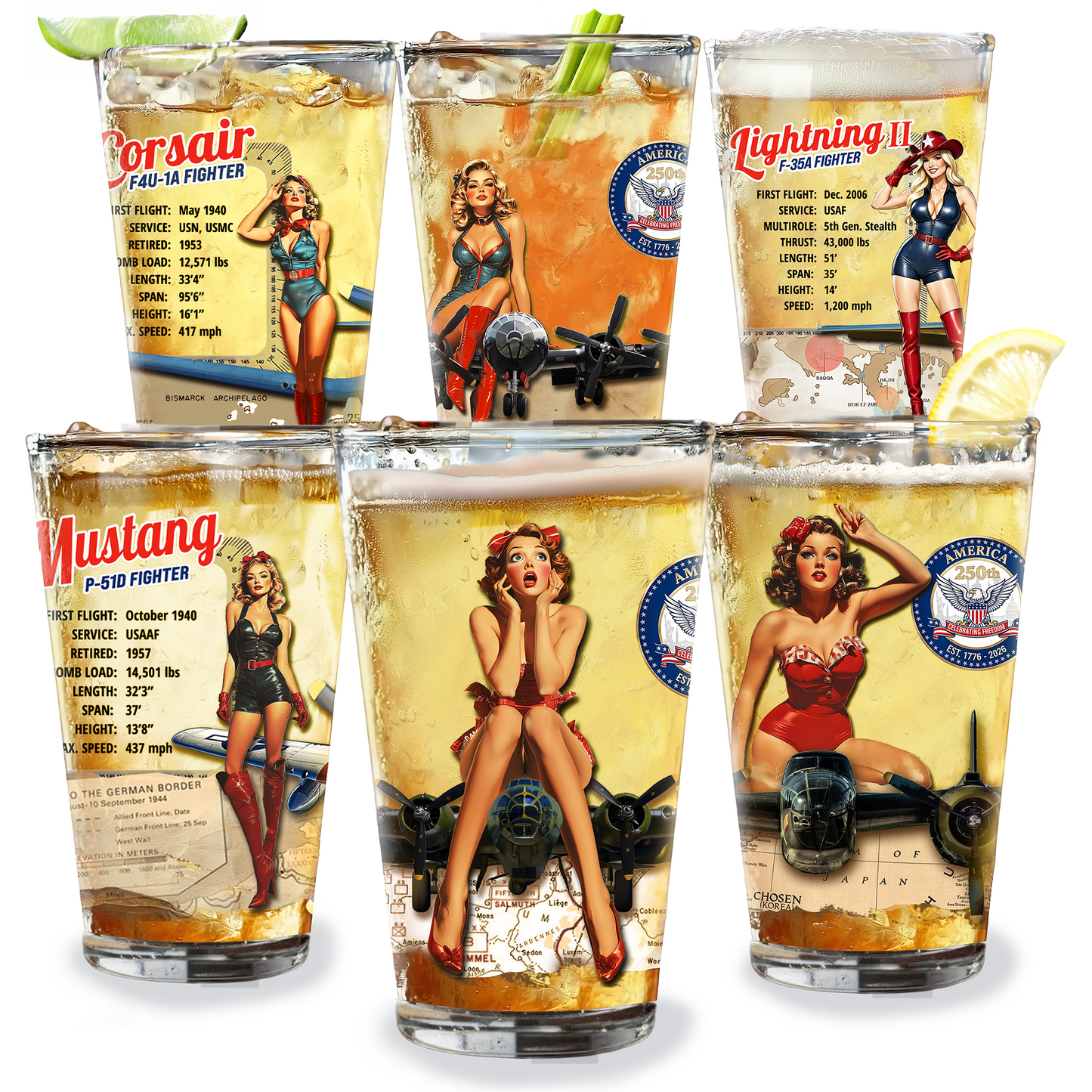 Pin-Up Heaven's America 250th Anniversary Legendary Aircraft 16oz Pint Glass Set - F35, B17, B29, B25, P51, F4U (Set of 6)
