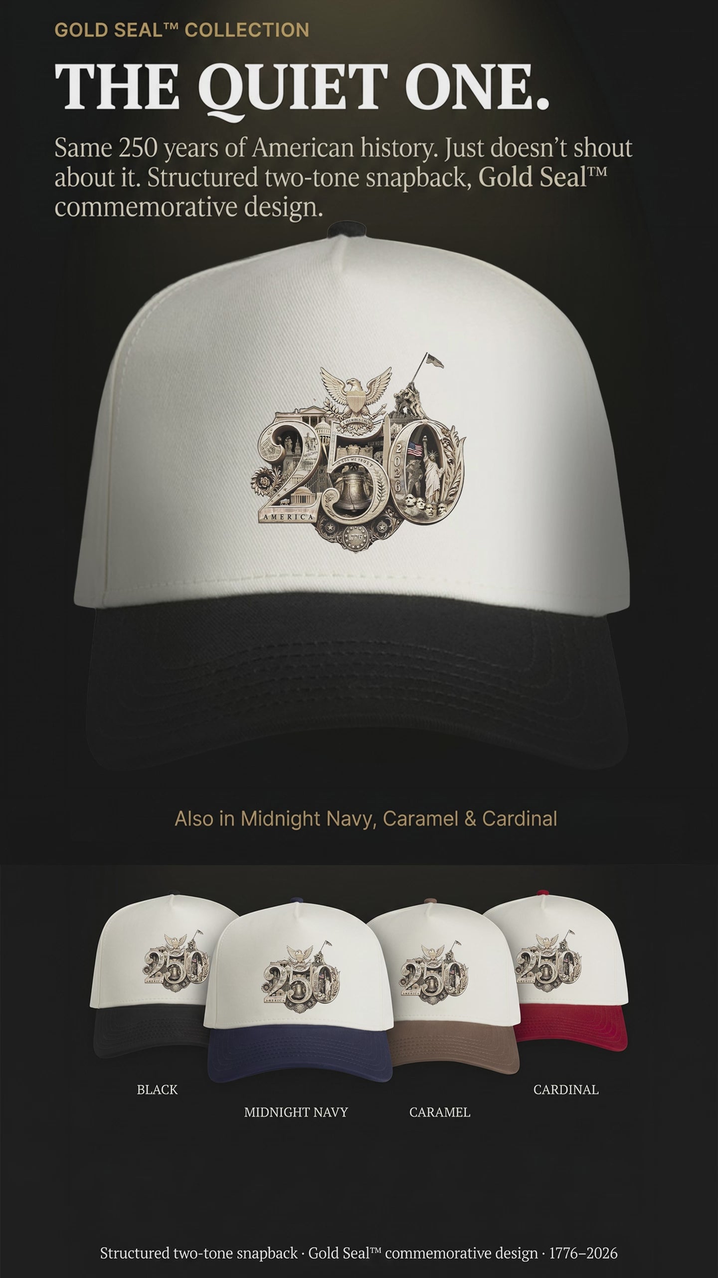 America 250th Gold Seal Hat product video featuring the hand-composed Gold 250th Seal™ commemorative design