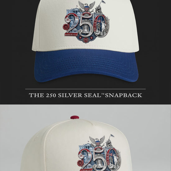America 250th Silver Seal Hat product video featuring the hand-composed Silver 250th Seal™ commemorative design