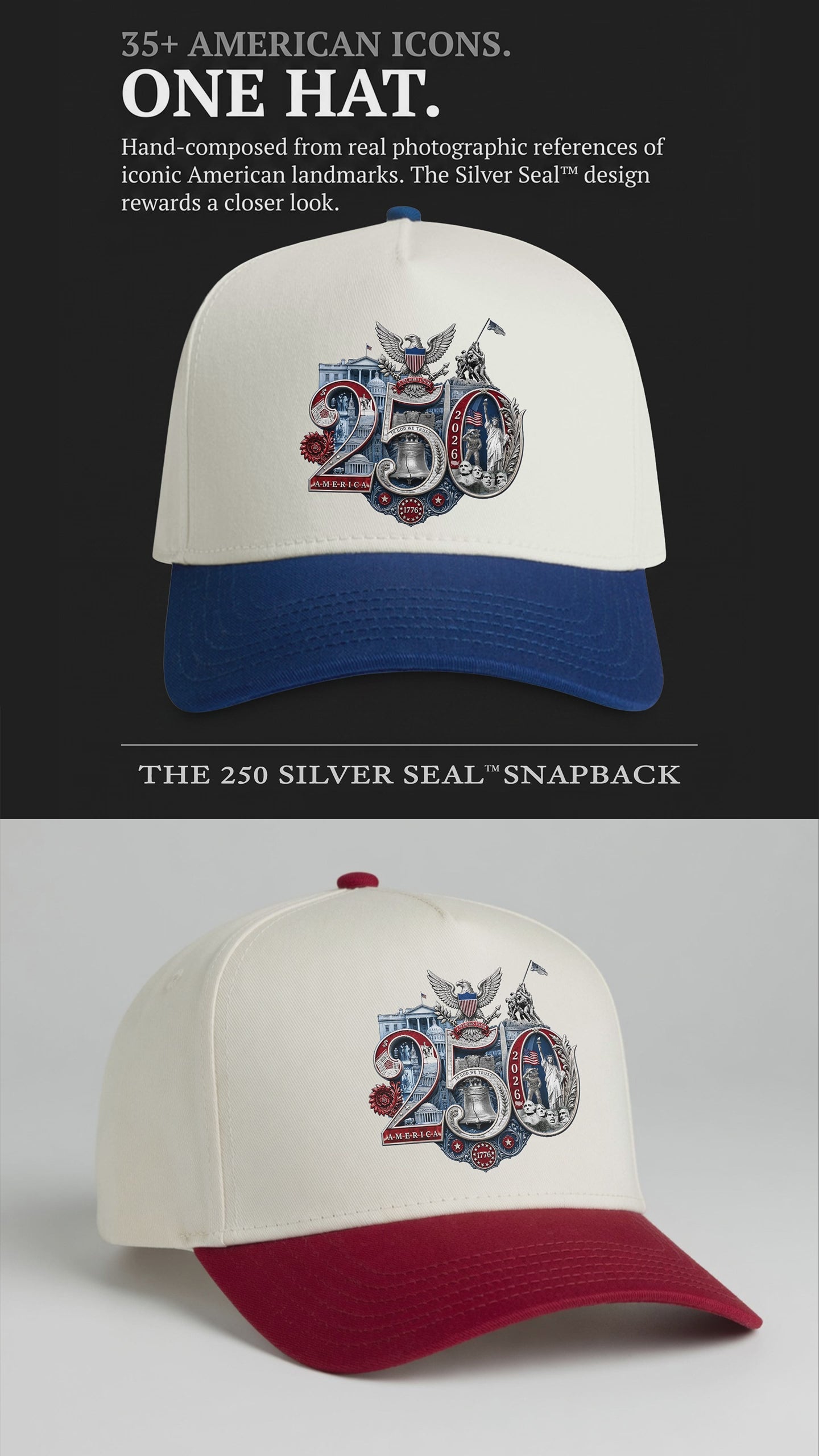 America 250th Silver Seal Hat product video featuring the hand-composed Silver 250th Seal™ commemorative design